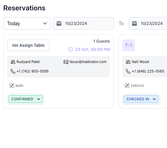 Dine Pro reservations screen